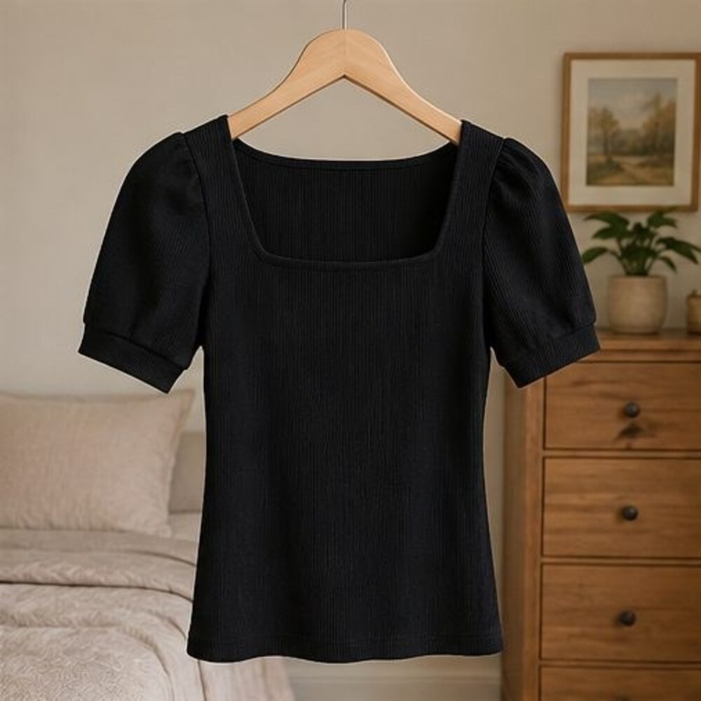 Black Ribbed Square Neck Top